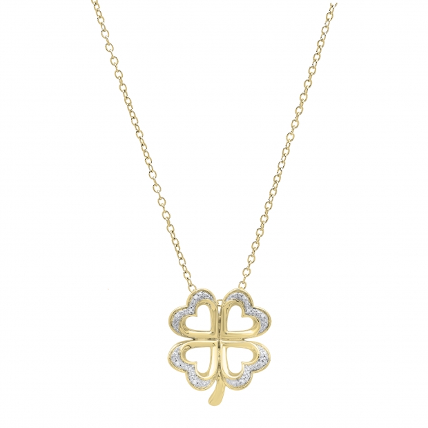 0.03 Carat (ctw) Round White Diamond Ladies Heart Shape Leaf Clover Pendant 14K Yellow Gold