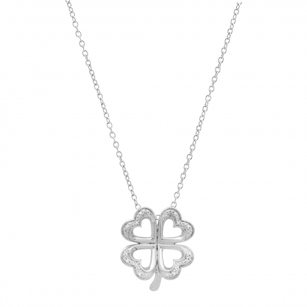 0.03 Carat (ctw) Round White Diamond Ladies Heart Shape Leaf Clover Pendant Sterling Silver
