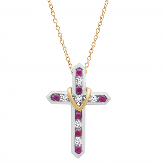 Round Ruby & White Sapphire Ladies Heart And Cross Pendant, 14K White & Yellow Gold