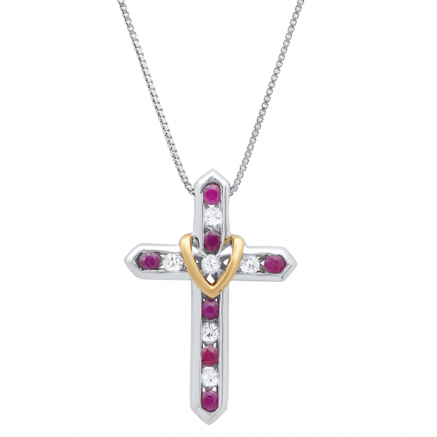 Round Ruby & White Sapphire Ladies Heart And Cross Pendant, Yellow Gold Plated Sterling Silver