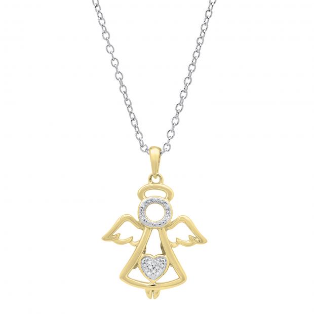 0.03 Carat (ctw) Round White Diamond Ladies Heart Guardian Angel Pendant 10K Yellow Gold