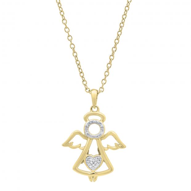 0.03 Carat (ctw) Round White Diamond Ladies Heart Guardian Angel Pendant 10K Yellow Gold