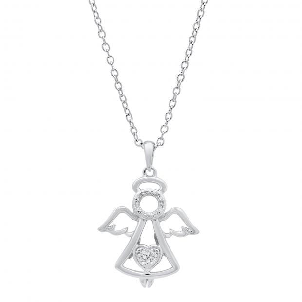 0.03 Carat (ctw) Round White Diamond Ladies Heart Guardian Angel Pendant Sterling Silver