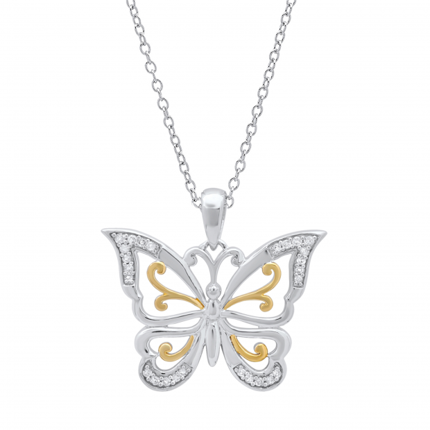 0.10 Carat (ctw) Round White Diamond Butterfly Ladies Pendant 1/10 CT Yellow Plated Sterling Silver