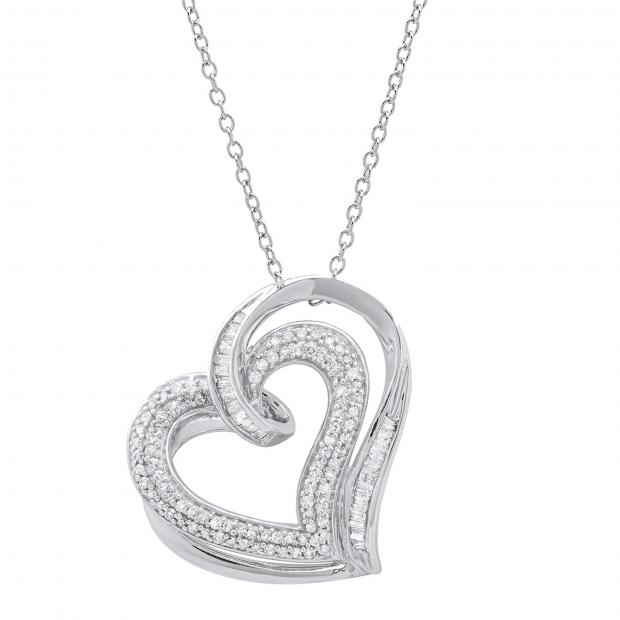 0.50 Carat (ctw) Round & Baguette White Diamond Ladies Double Heart Pendant 1/2 CT 18K White Gold