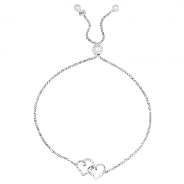 Ladies Swirl Heart Link Bracelet With Round White Diamond Accents Sterling Silver