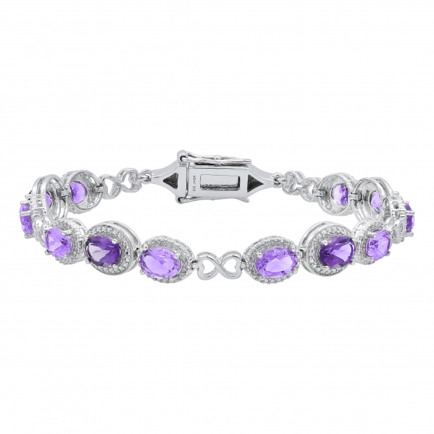 7x5mm Each Oval Amethyst with Round White Diamond Halo Frame Infinity Link Tennis Bracelet for Women in 925 Sterling Silver