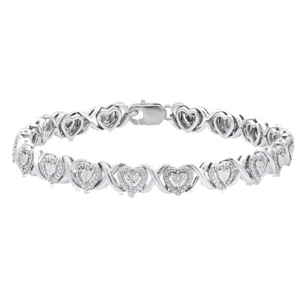 0.02 Carat (ctw) Round White Diamond Ladies Heart Link Bracelet Sterling Silver