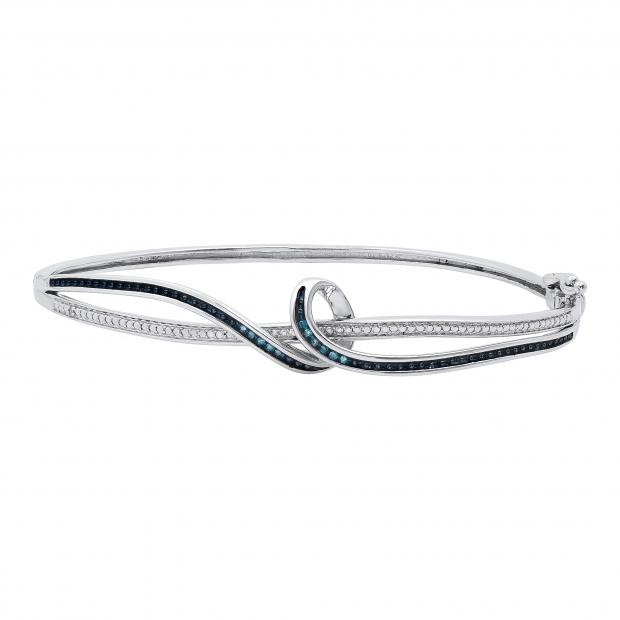 0.15 Carat (ctw) Round Blue & White Diamond Twisted Bangle Bracelet for Women in 925 Sterling Silver