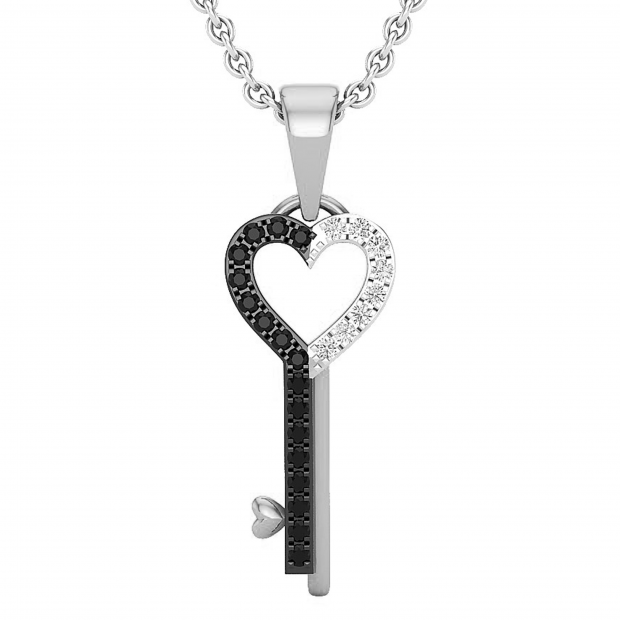 0.15 Carat (ctw) Round Black & White Diamond Ladies Heart Key Pendant, 10K White Gold