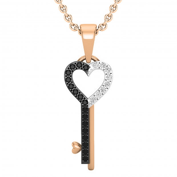 0.15 Carat (ctw) Round Black & White Diamond Ladies Heart Key Pendant, 10K Rose Gold