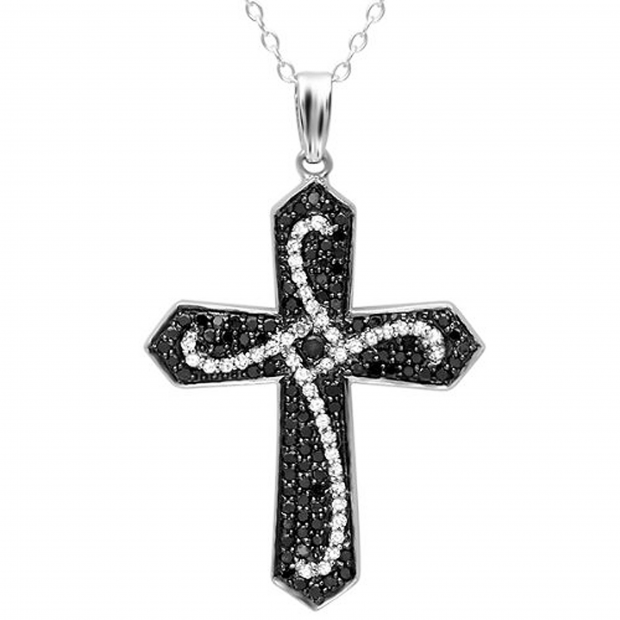 0.60 Carat (ctw) Round Black & White Diamond Mens Ladies Unisex Cross Pendant, 10K White Gold