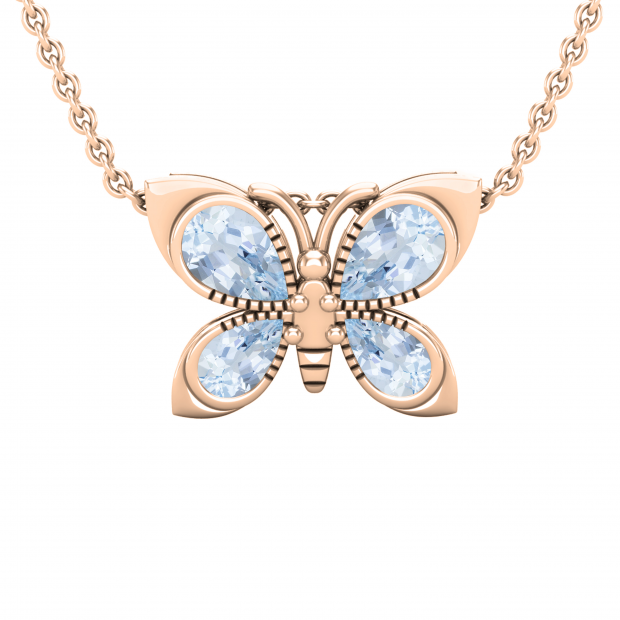 Pear Aquamarine Ladies Fashion Butterfly Teardrop Pendant (Gold Chain Included), 18K Rose Gold