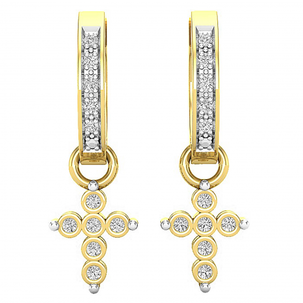 0.15 Carat (ctw) Round White Diamond Ladies Cross Huggies Hoop Dangle Earrings 10K Yellow Gold