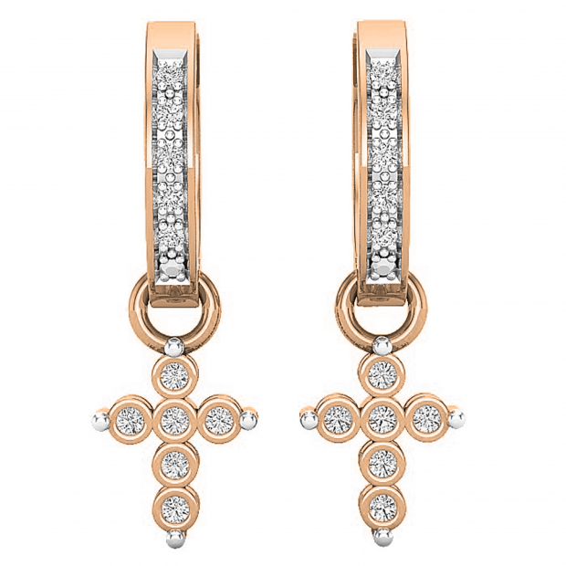 0.15 Carat (ctw) Round White Diamond Ladies Cross Huggies Hoop Dangle Earrings 18K Rose Gold