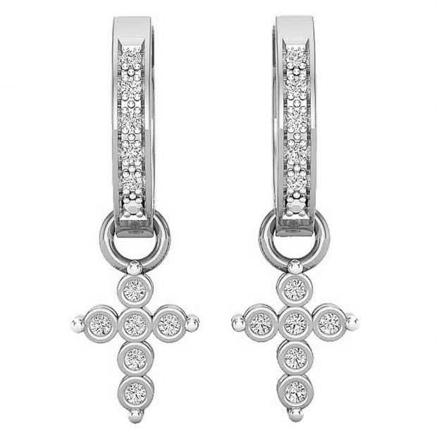 0.15 Carat (ctw) Round White Diamond Ladies Cross Huggies Hoop Dangle Earrings Sterling Silver