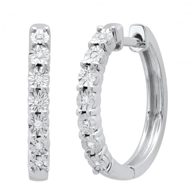 0.07 Carat (ctw) Round White Diamond Ladies Dainty Huggies Hoop Earrings Sterling Silver