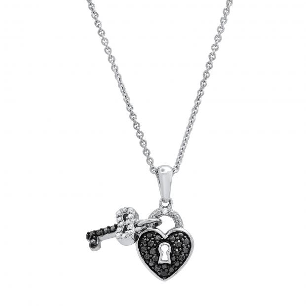0.15 Carat (ctw) Round Black & White Diamond Ladies Heart Lock & Key Pendant Sterling Silver
