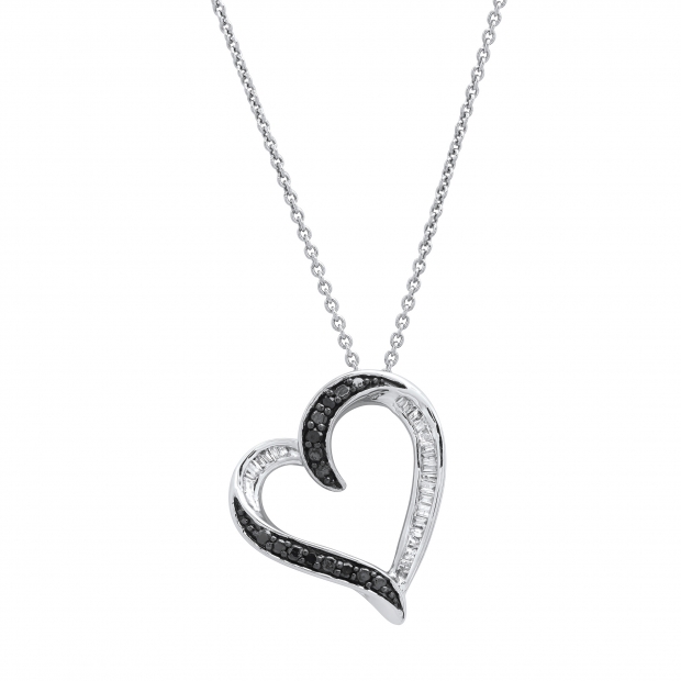 0.25 Carat (ctw) Round Black & Baguette White Diamond Tilted Heart Pendant with 18 inch Silver Chain for Women in 925 Sterling Silver