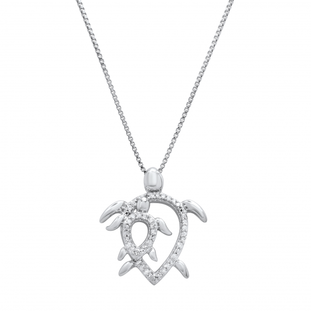 0.11 Carat (ctw) Round White Diamond Mother and Baby Turtle Pendant Sterling Silver