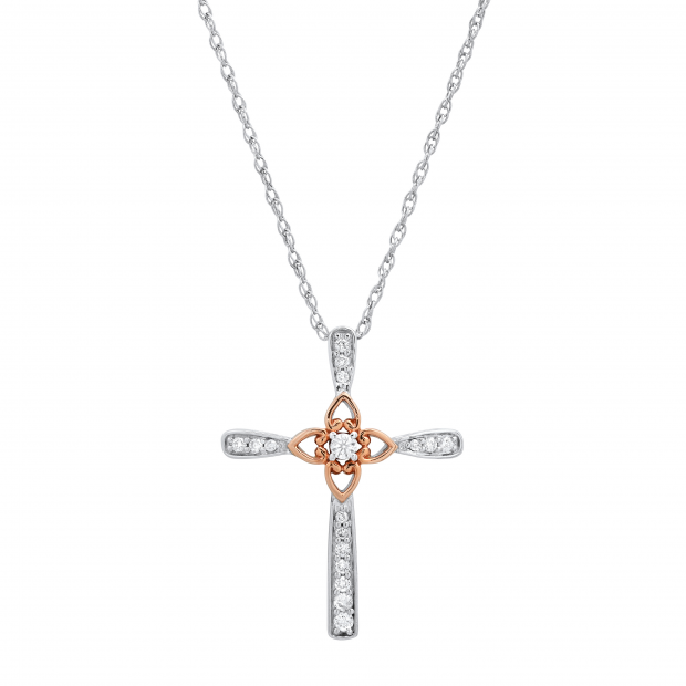 0.13 Carat (ctw) Round Diamond Ladies Cross Flower Pendant Sterling Silver and 10K Rose Gold Plate