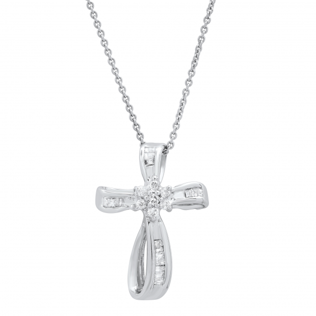 0.25 Carat (ctw) Round & Baguette White Diamond Ladies Looping Cross Pendant 1/4 CT Sterling Silver