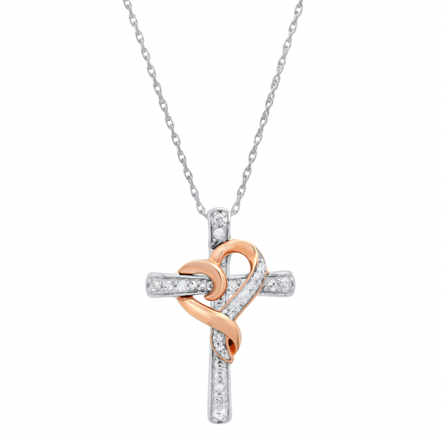 0.25 Carat (ctw) Round Diamond Ladies Heart Cross Pendant 1/4 CT Rose Gold Plated Sterling Silver