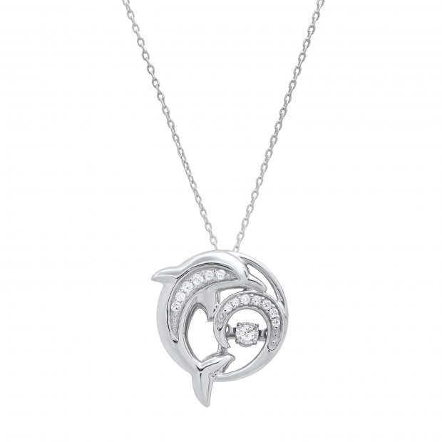 0.13 Carat (ctw) Round White Diamond Ladies Dolphin Fashion Pendant, Sterling Silver