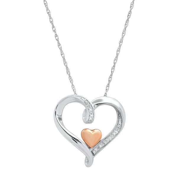 0.05 Carat (ctw) Round White Diamond Ladies Double Heart Pendant Rose Gold Plated Sterling Silver