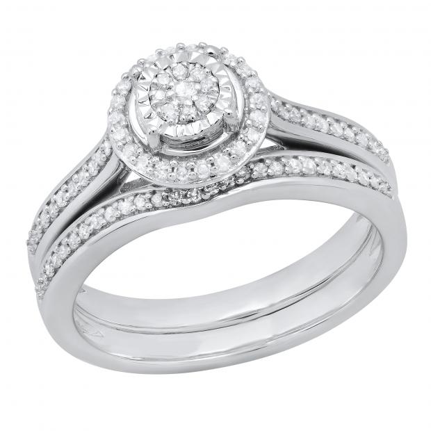 0.25 Carat (ctw) Round White Diamond Ladies Cluster Flower Wedding Ring Set 1/4 CT Sterling Silver