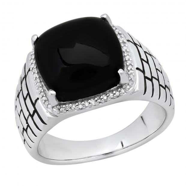 13X13 mm Cushion Cabochon Onyx & Round White Diamond Mens Anniversary Wedding Band Sterling Silver