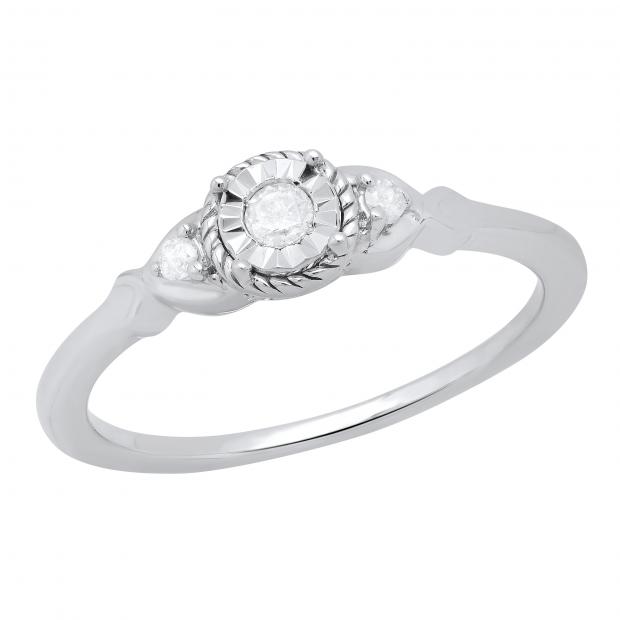 0.10 Carat (ctw) Round White Diamond Ladies Three Stone Engagement Ring 1/10 CT Sterling Silver