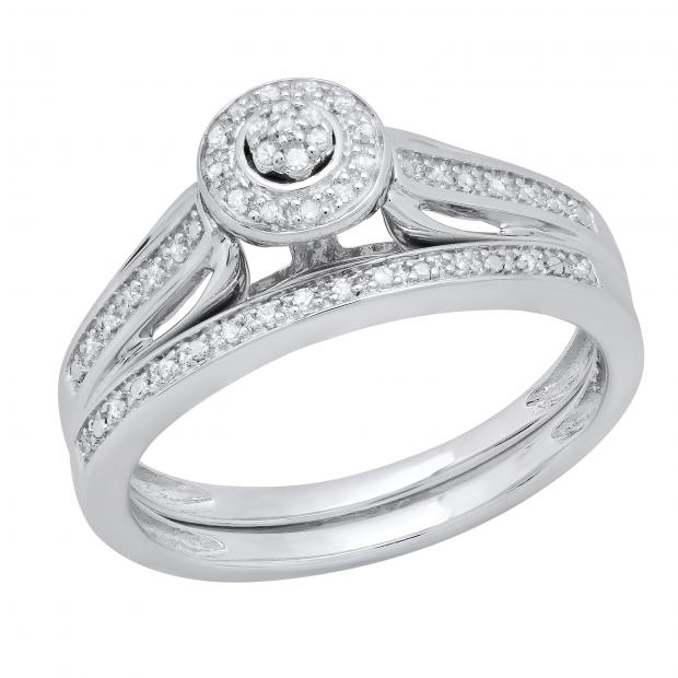 0.13 Carat (ctw) Round White Diamond Ladies Cluster Style Engagement Ring Set Sterling Silver