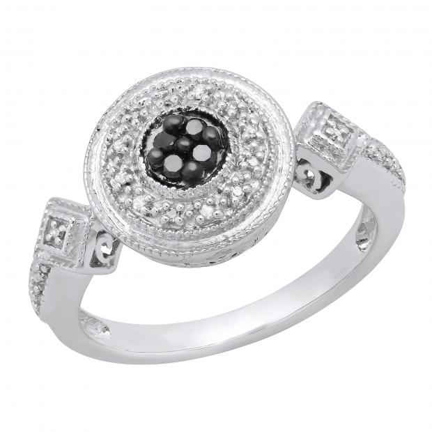 0.12 Carat (ctw) Round White & Black Diamond Ladies Cluster Style Engagement Ring Sterling Silver