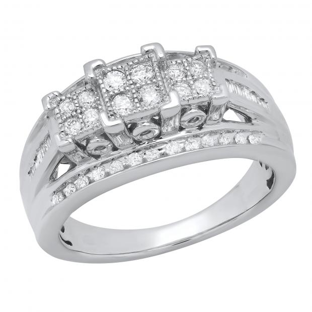 0.50 Carat (ctw) Round & Baguette White Diamond Ladies Engagement Ring 1/2 CT Sterling Silver