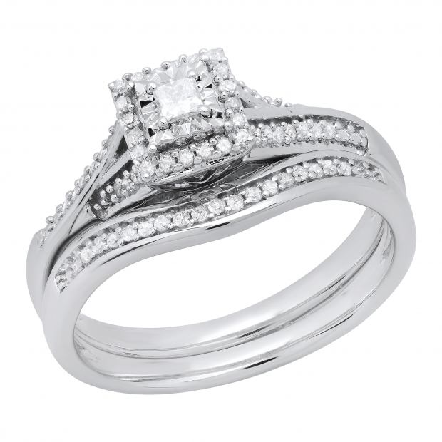 0.25 Carat (ctw) Princess & Round White Diamond Bridal Engagement Ring Set 1/4 CT Sterling Silver