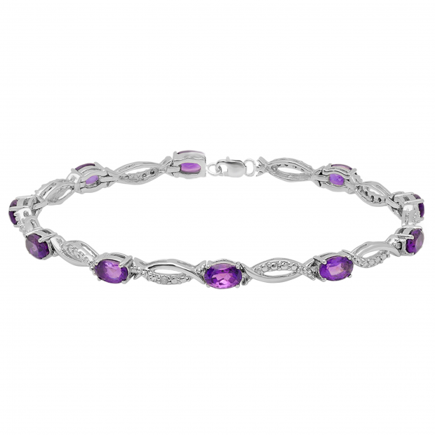 Real Oval Genuine Amethyst & Round White Diamond Ladies Link Bracelet Sterling Silver