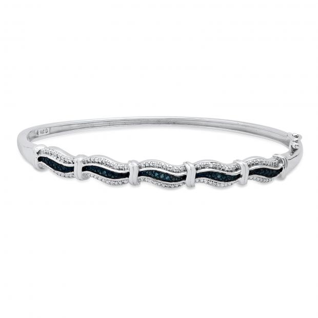 0.10 Carat (ctw) Round Blue & White Diamond Ladies Swirl Bangle Bracelet 1/10 CT Sterling Silver