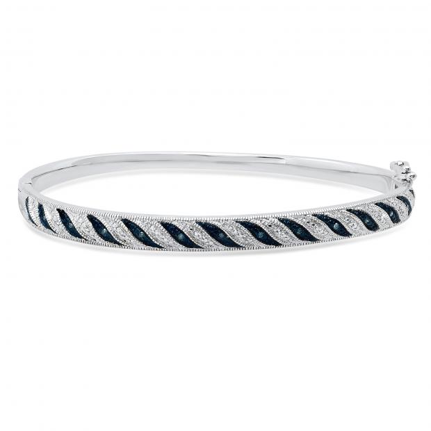 0.10 Carat (ctw) Round Blue & White Diamond Ladies Fashion Bangle Bracelet 1/10 CT Sterling Silver