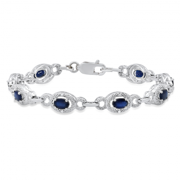 6X4 mm Oval Blue Sapphire With Round Diamond Accents Ladies Tennis Bracelet Sterling Silver