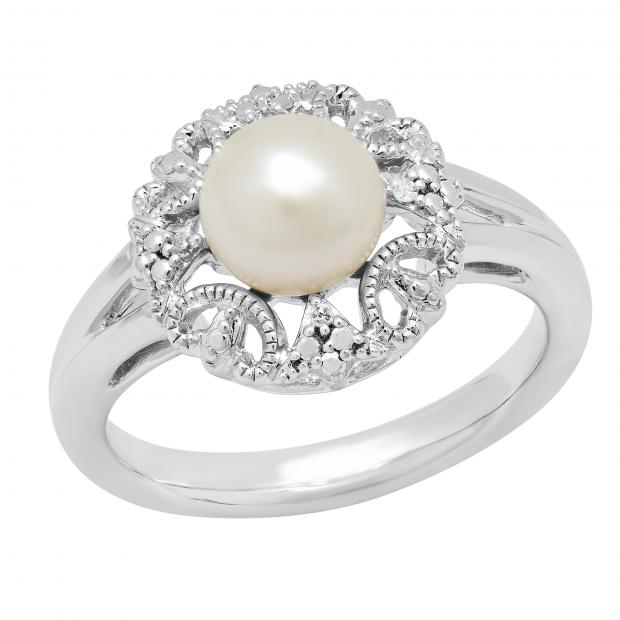 7MM Round White Freshwater Pearl With Diamond Accent Delightful Engagement Ring 925 Sterling Silver
