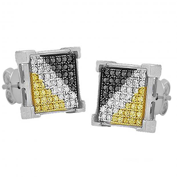 0.45 Carat (ctw) Round BlackWhite & Yellow Diamond Mens Hip Hop Iced Stud Earrings Sterling Silver