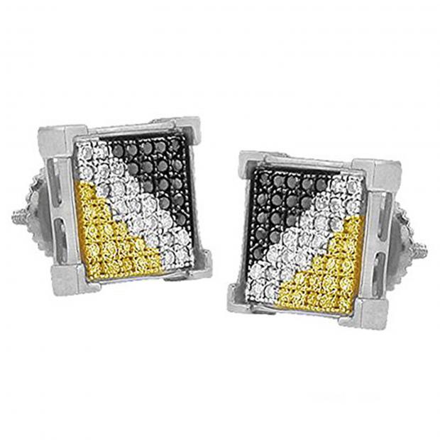 0.45 Carat (ctw) Round BlackWhite & Yellow Diamond Mens Hip Hop Iced Stud Earrings Sterling Silver
