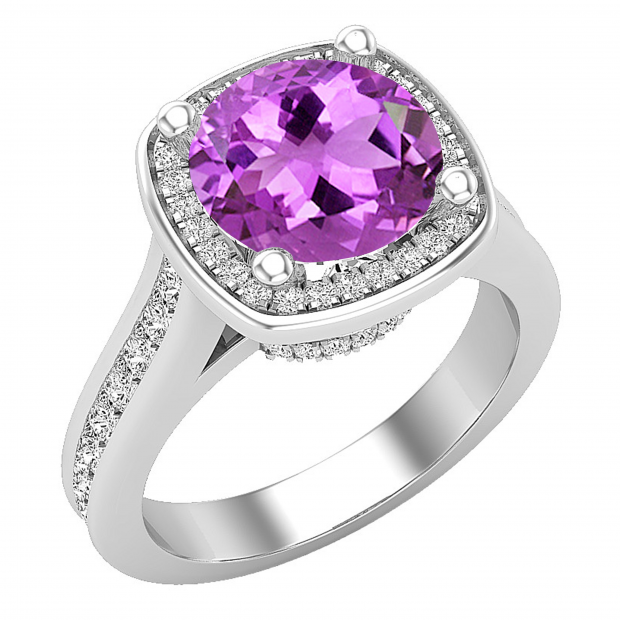 8 MM Round Amethyst Round & Princess Diamond Ladies Halo Style Engagement Ring Sterling Silver