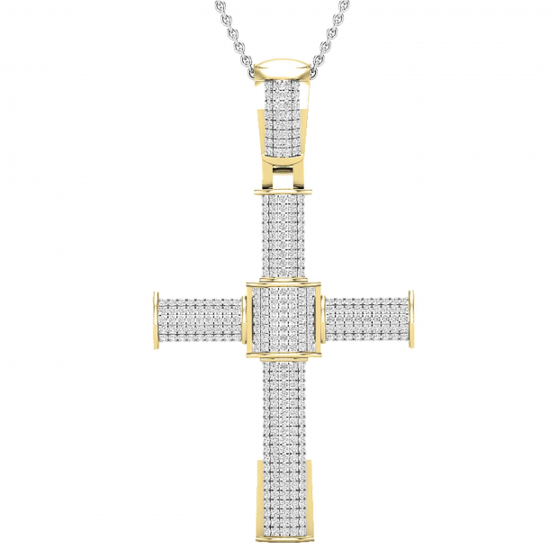 1.00 Carat (ctw) Round White Diamond Mens Hip Hop Religious Cross Pendant 1 CT, 18K Yellow Gold