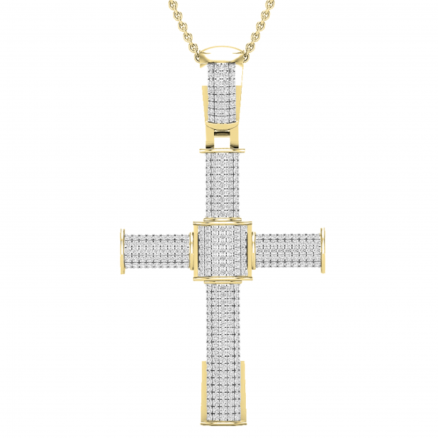 1.00 Carat (ctw) Round White Diamond Mens Hip Hop Religious Cross Pendant 1 CT, 10K Yellow Gold