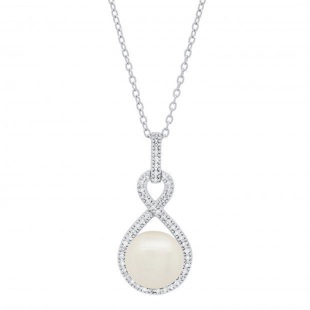 8 MM Round White Freshwater Pearl & Diamond Ladies Infinity Pendant, Sterling Silver