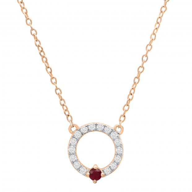 Round Ruby & White Diamond Ladies Circle Pendant (Gold Chain Included), 18K Rose Gold