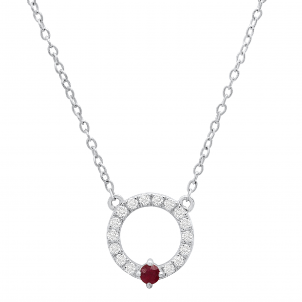 Round Ruby & White Diamond Ladies Circle Pendant (Silver Chain Included), Sterling Silver
