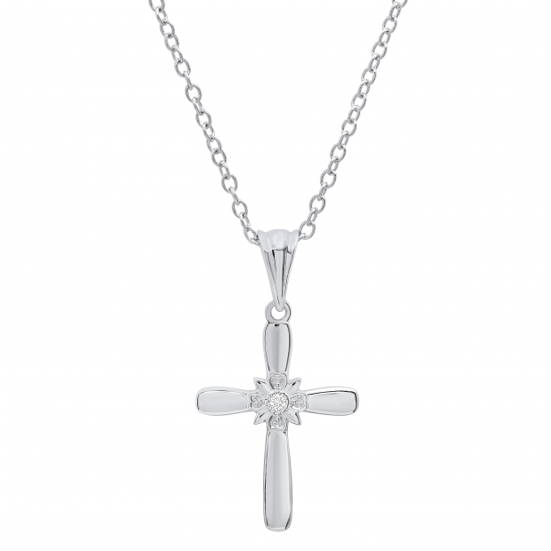 Round Diamond Accent Ladies Looped Cross Flower Pendant, Sterling Silver